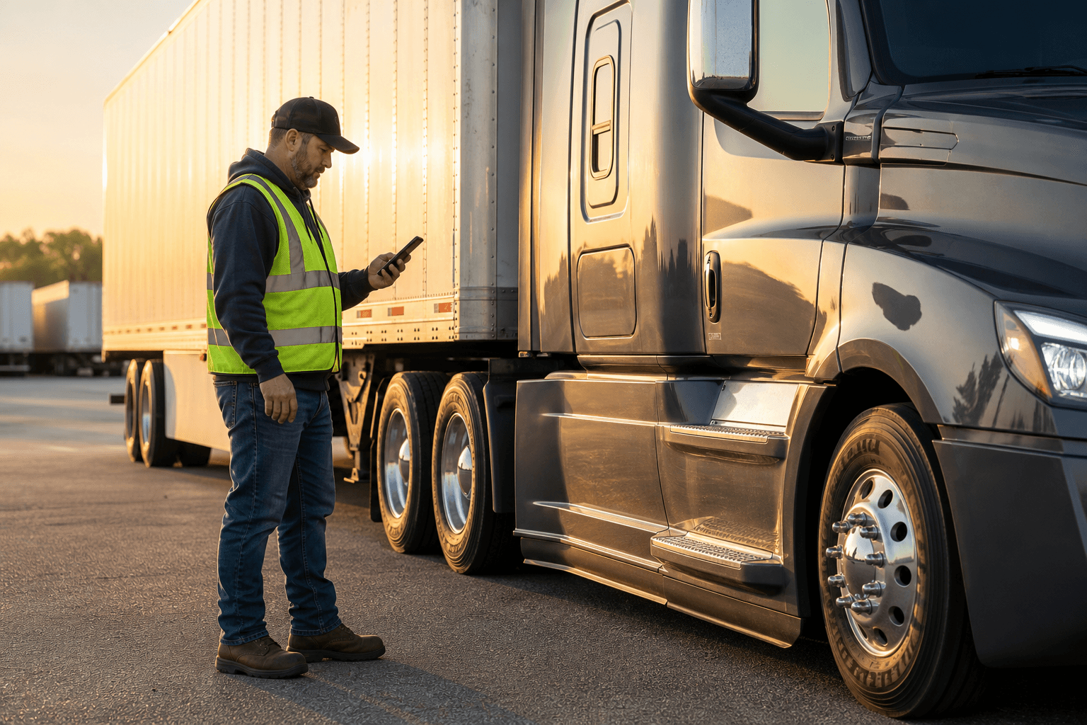 Driver completing a walk-around inspection beside a Class 8 tractor and trailer