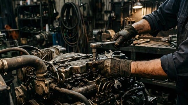 A technician's gloved hands working a ratchet on an exposed diesel engine, tools and workbench behind