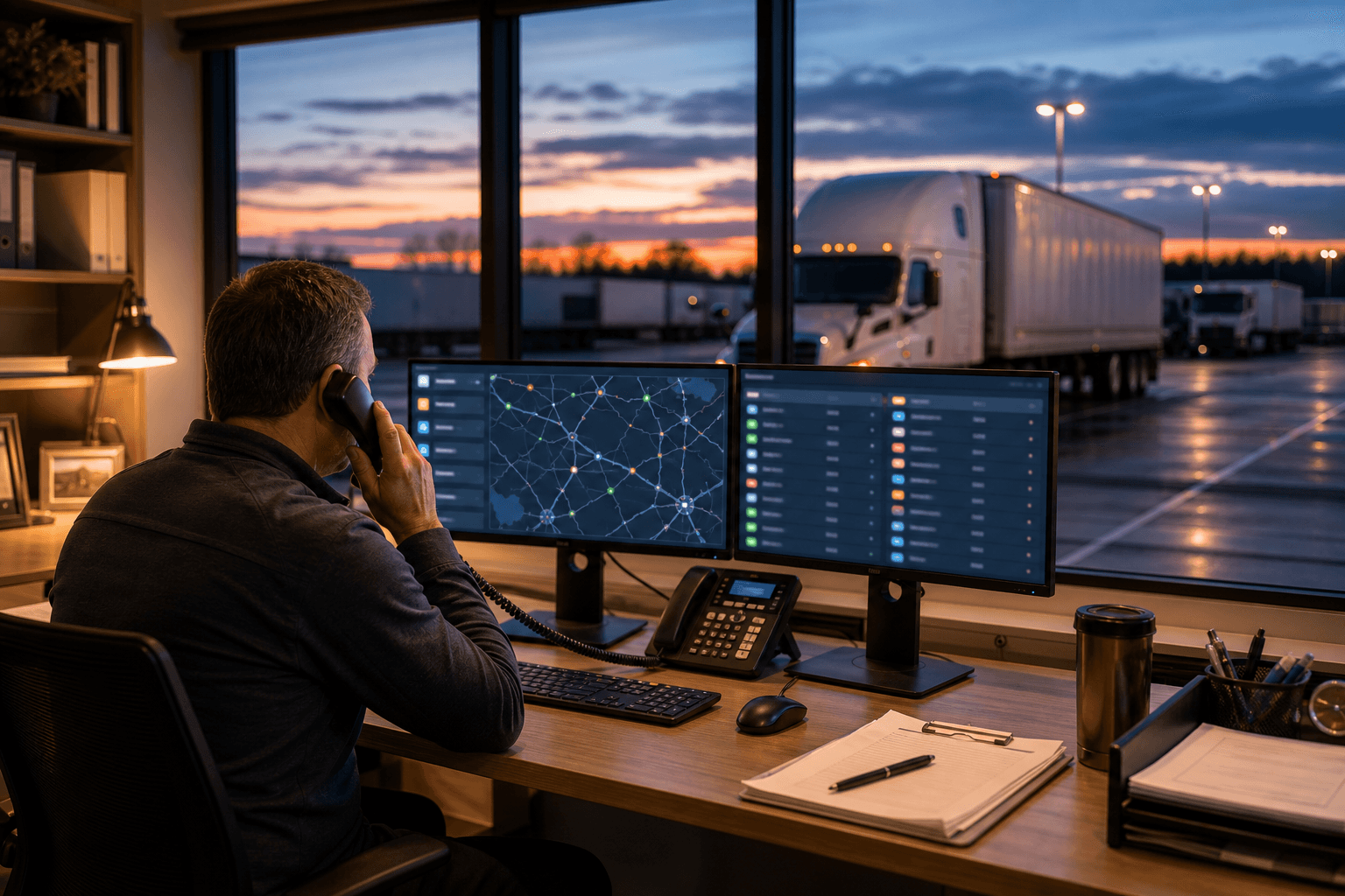 Fleet manager on the phone at a dispatch desk choosing a repair vendor, trucks in the yard at dusk